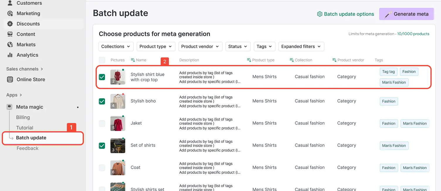 Select products for meta generation