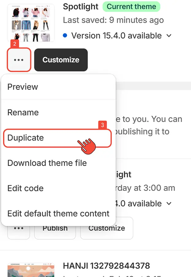 Select a theme to install and click duplicate
